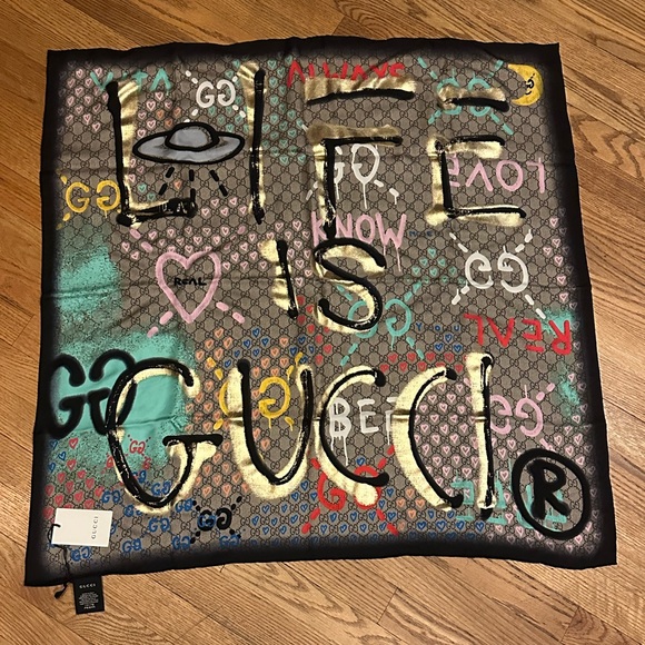 Gucci Scarf “Life is Gucci” Ghost Signature Silk Scarf NEW with tags and box - Picture 1 of 10
